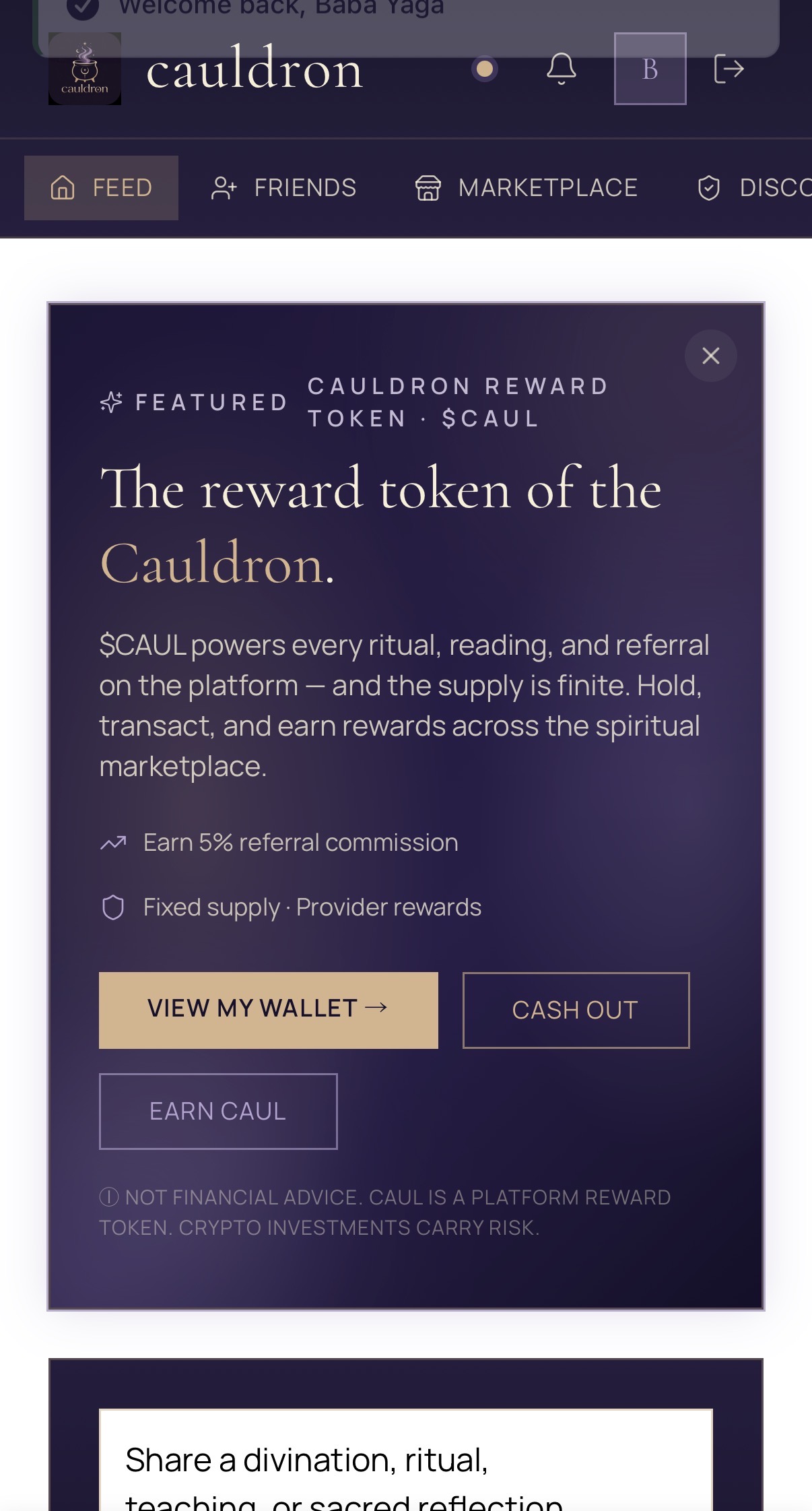 Cauldron home feed showing verified practitioners and recent sessions