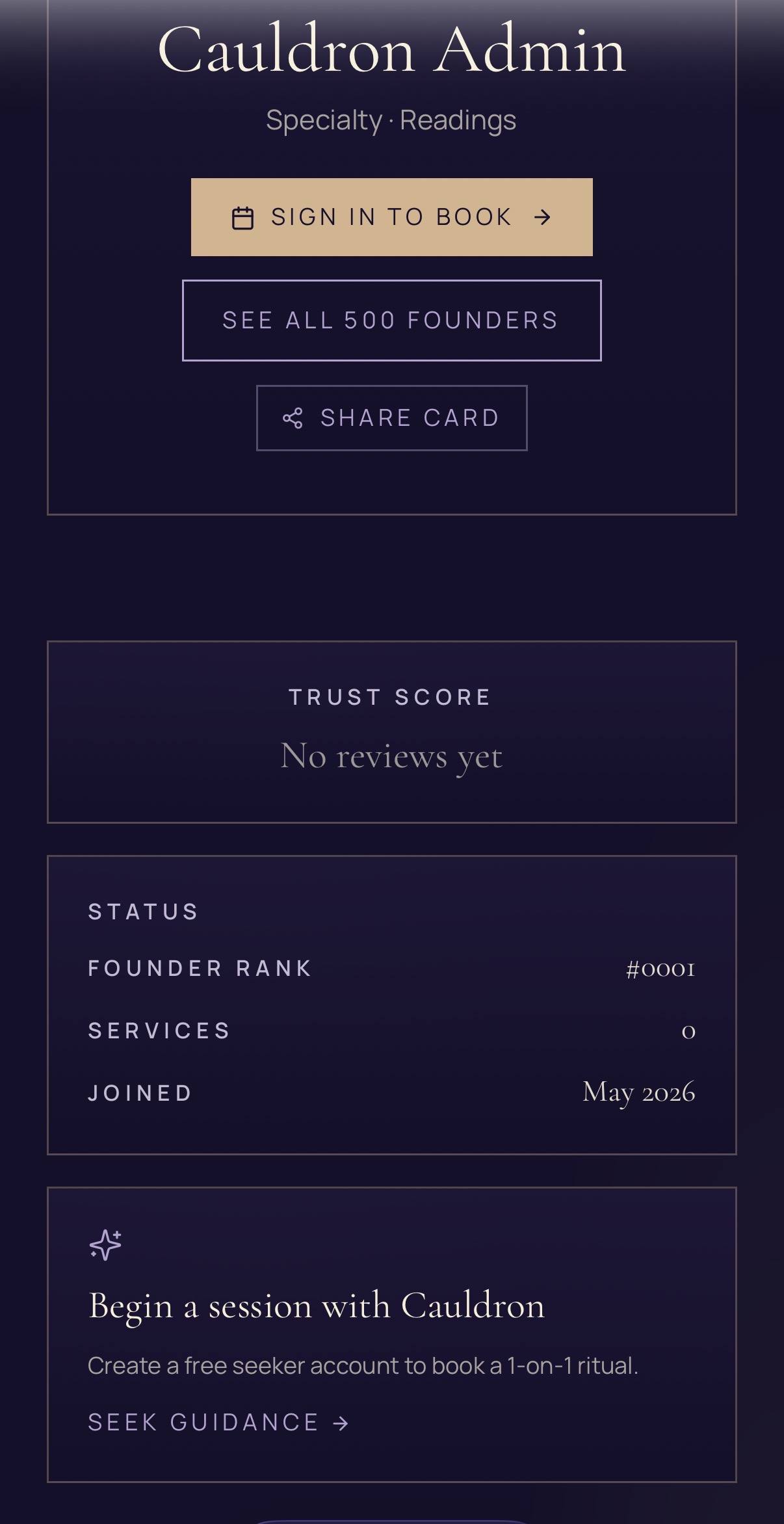 Verified-client review system on a Cauldron practitioner profile
